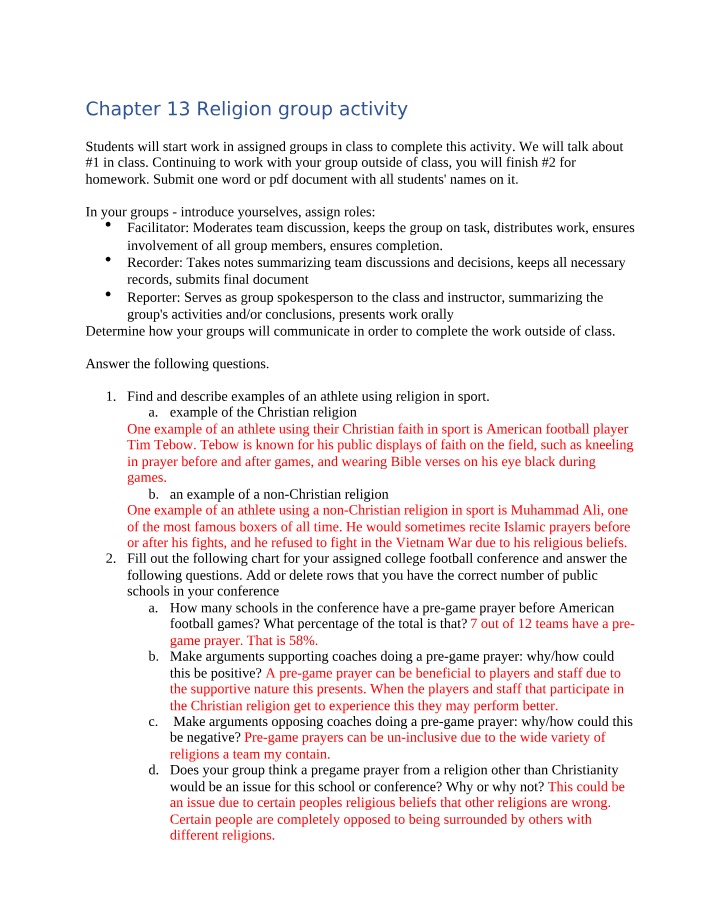 Religion Group Activity - Chapter 13