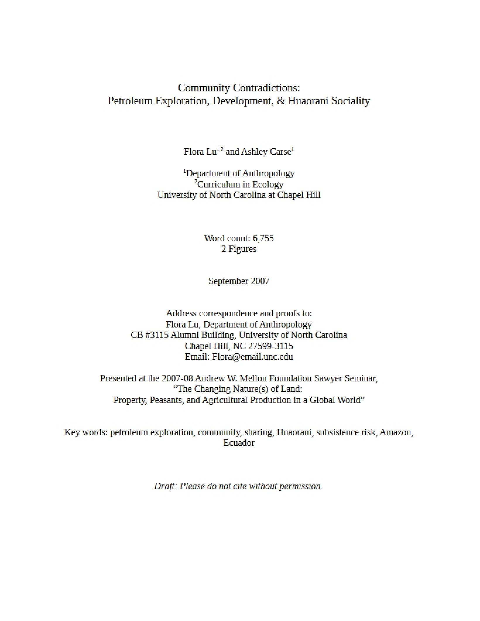 Huaorani Sociality and Petroleum Development Community Contradictions