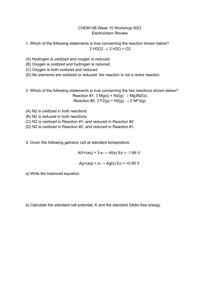 Electrochem Review - Week 10 Workshop