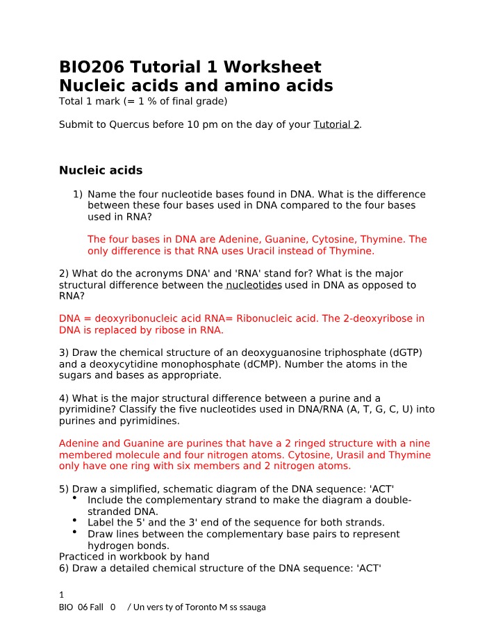 Tutorial 1 Worksheet - BIO206