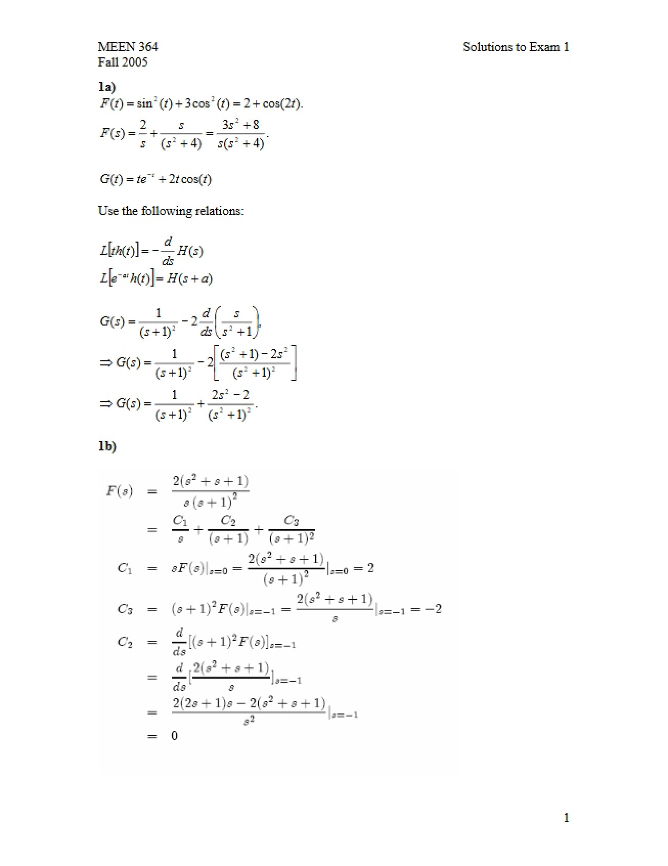 Solutions for Exam One (Fall 2005)