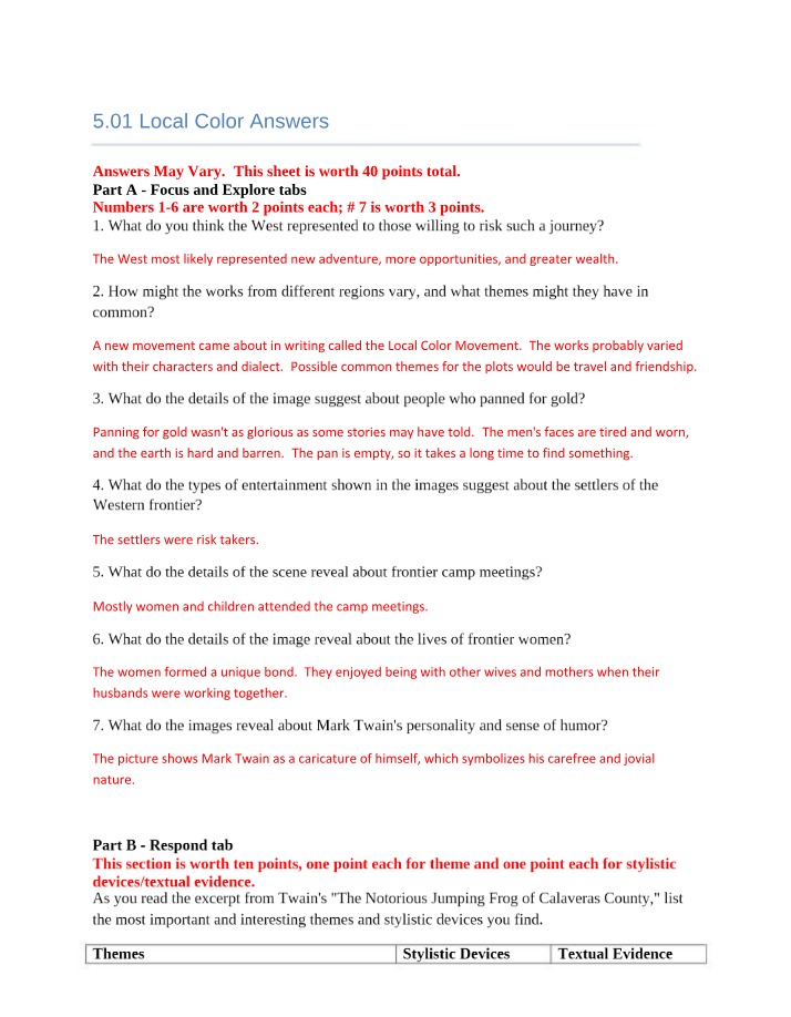 Themes of the Local Color Movement and Mark Twain's Humor - Answers