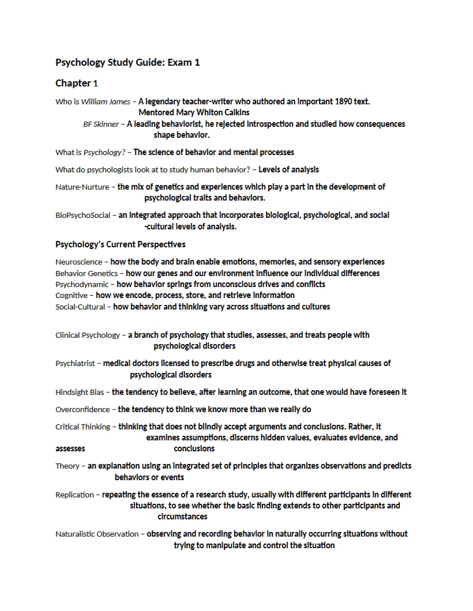 First Exam Review for Psychology
