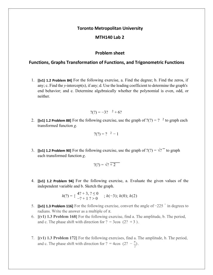 Problems in Functions, Graphs, and Trigonometry