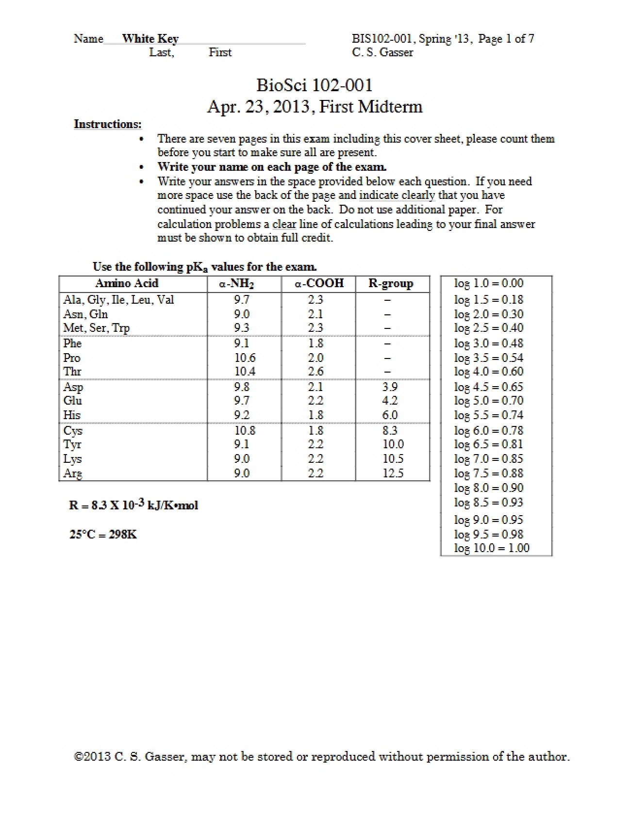 Biology Special Studies Midterm Key C White