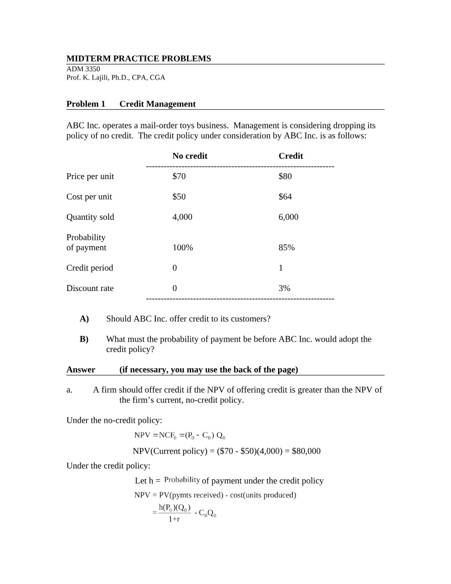 Practice Problems for ADM 3350 Midterm