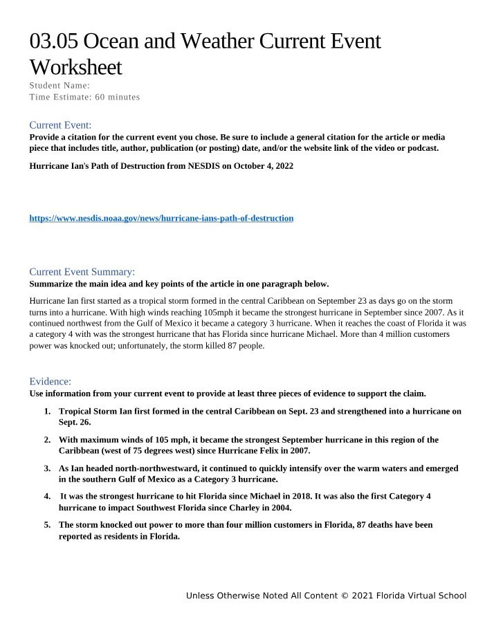03.05 Current Event Worksheet - Ocean and Weather