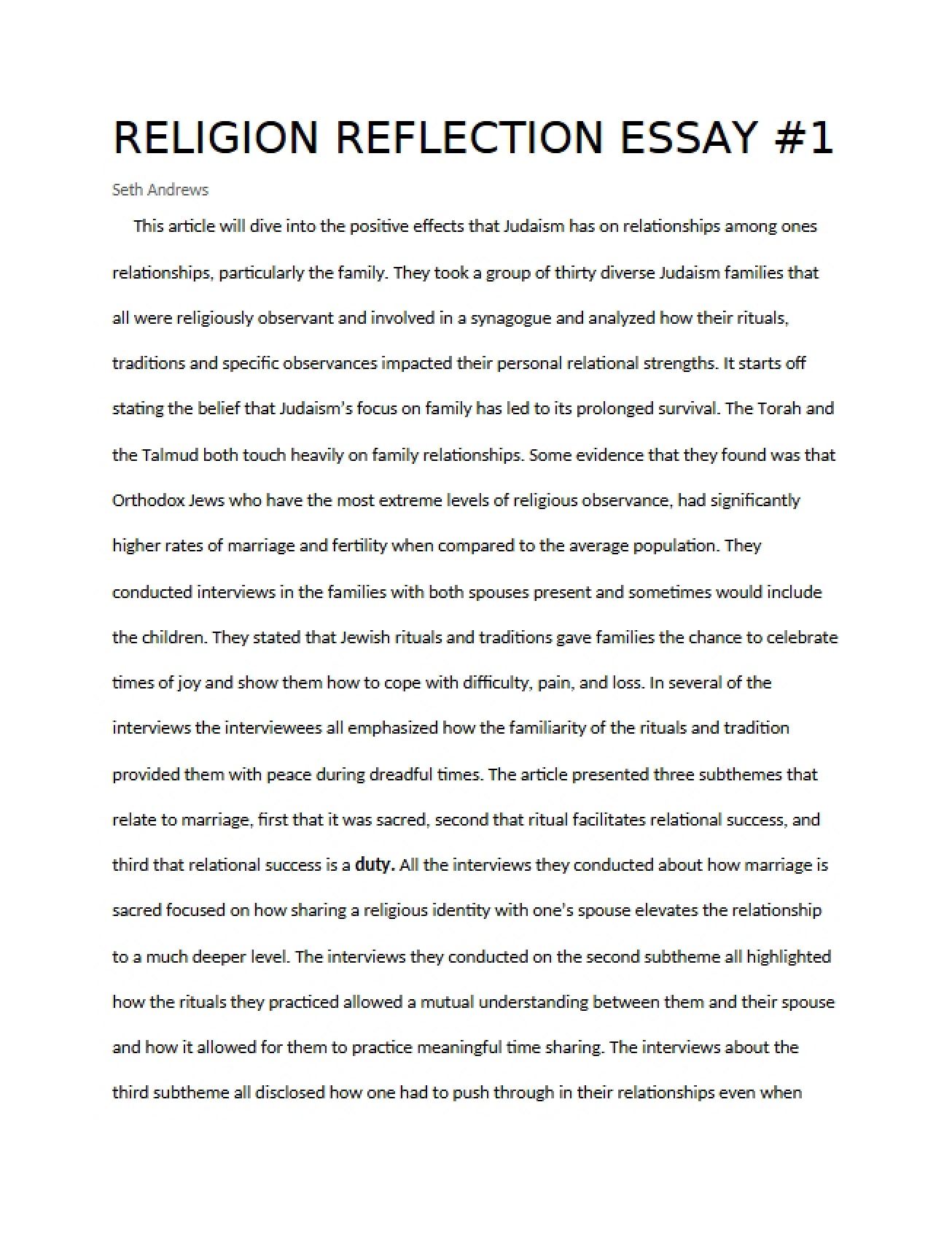 First Religion Reflection Essay