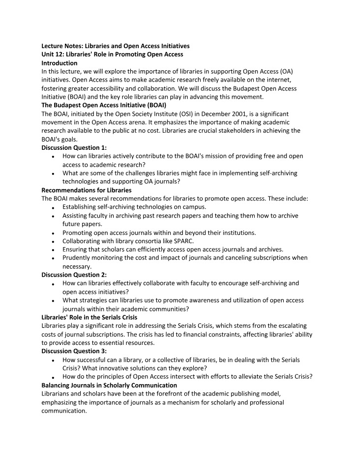 Role of Libraries in Promoting Open Access