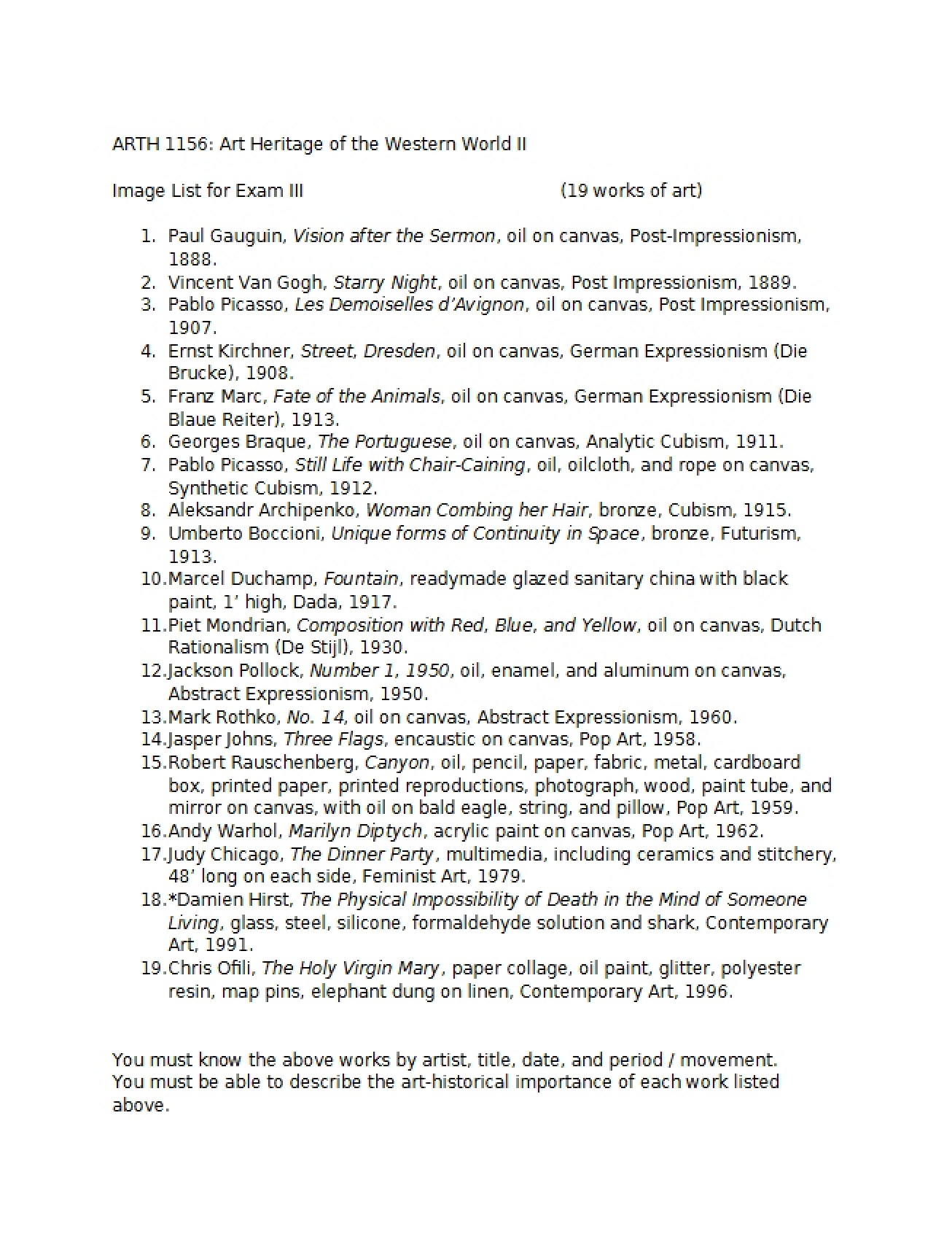 List of Images for the Third Art Heritage Exam