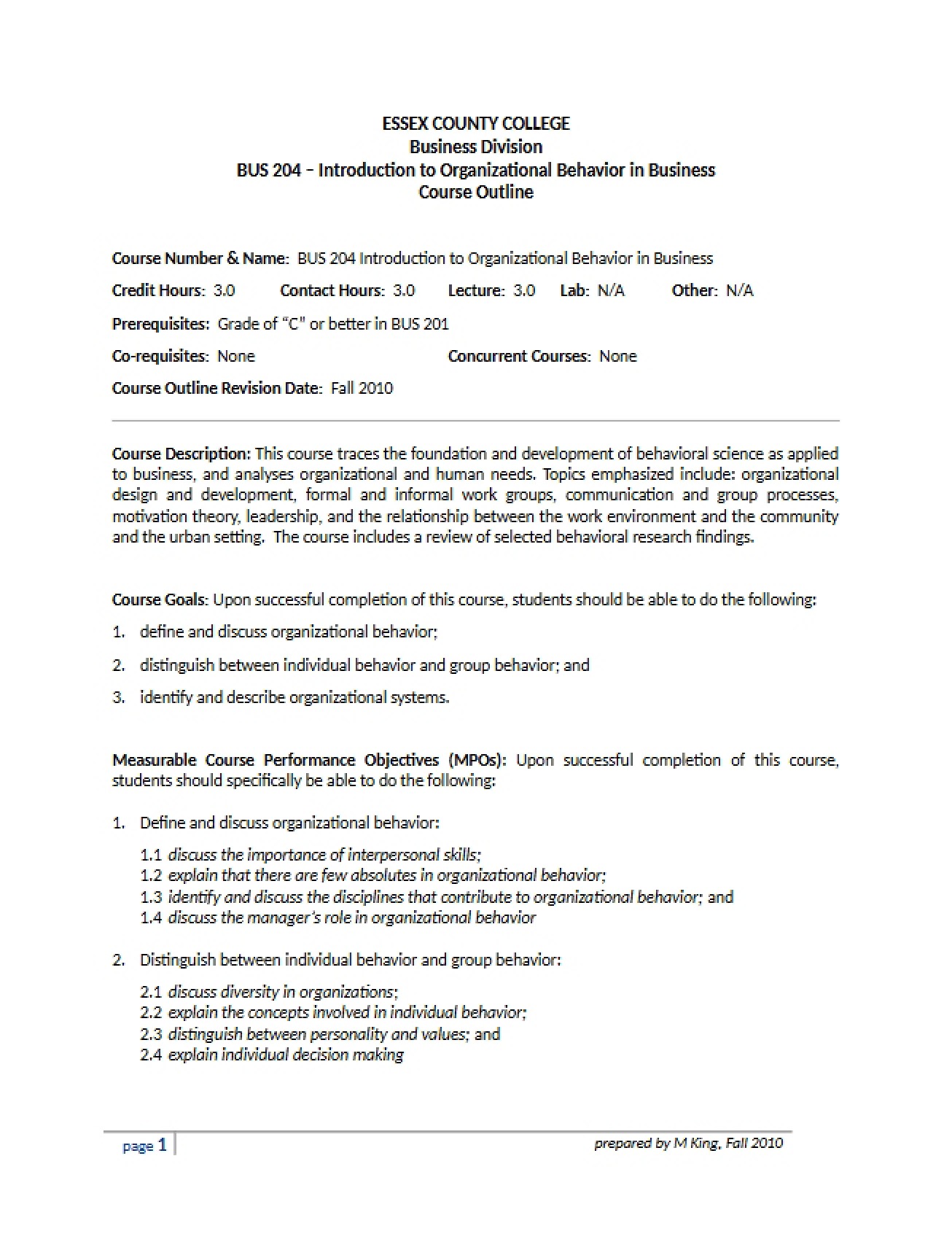Introduction to Organizational Behavior Syllabus