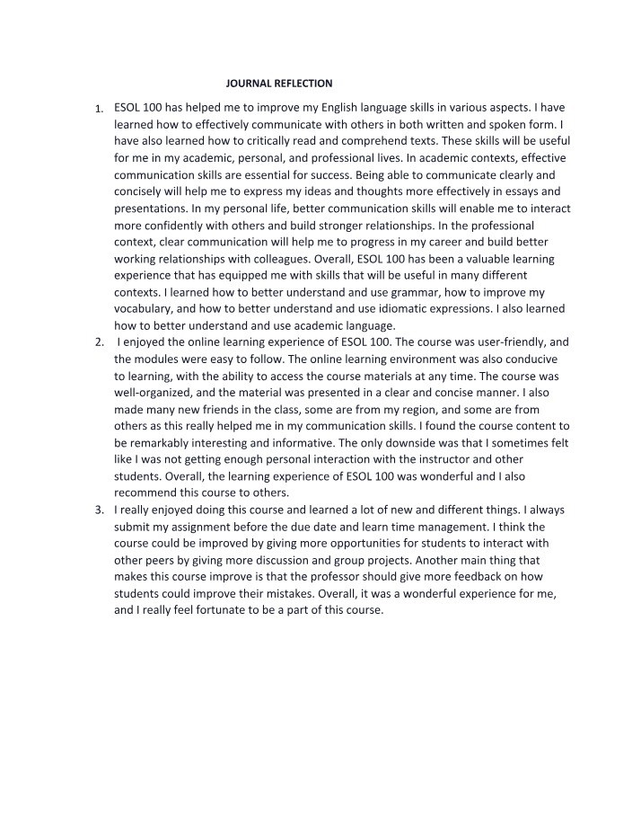 Reflection Journal - ESOL 100