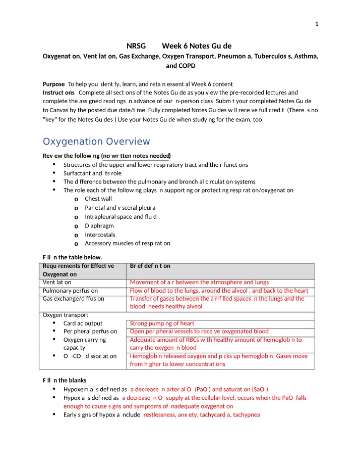 Week 6 Notes for NRSG 337 - Oxygenation and Ventilation
