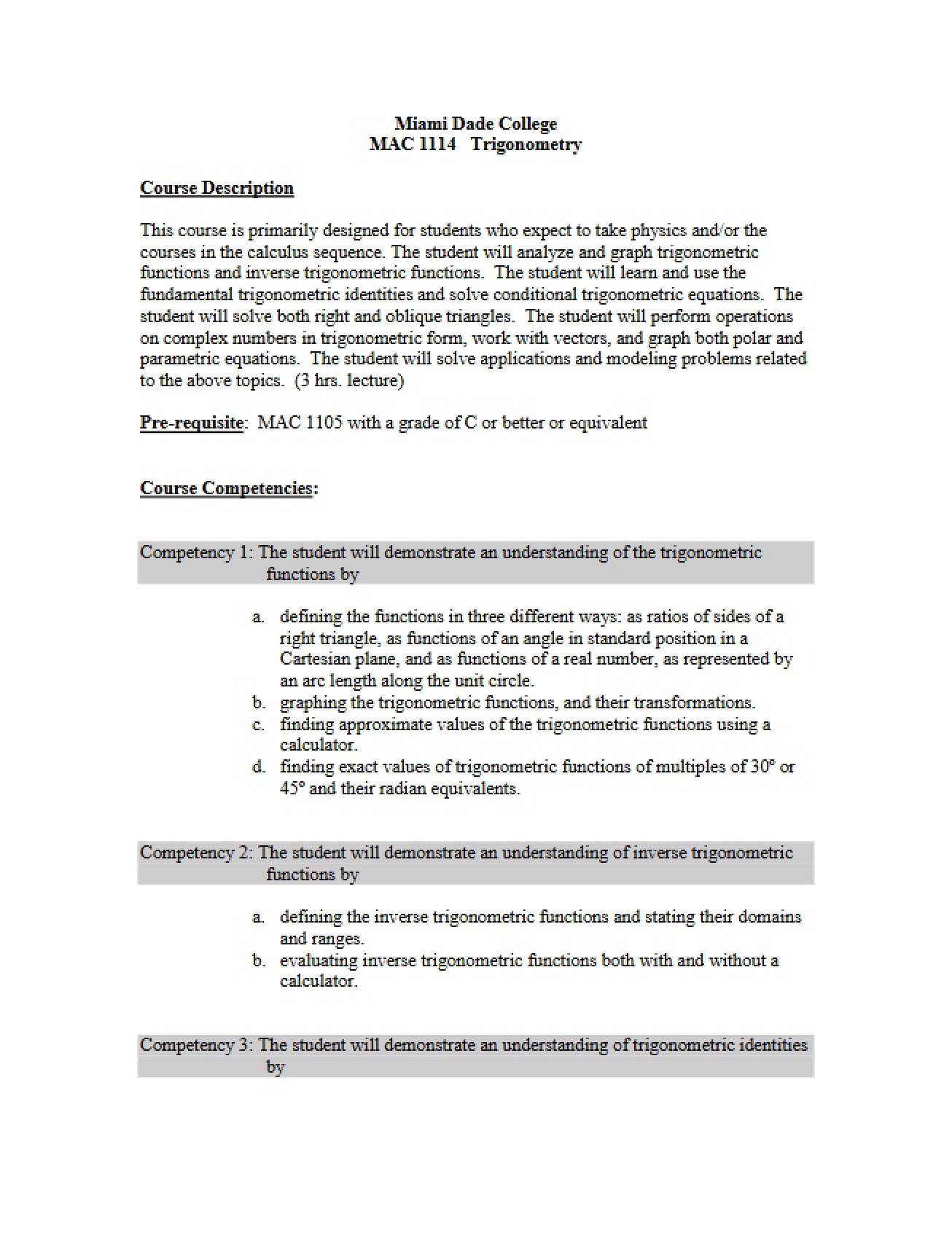 Trigonometry Competency Standards