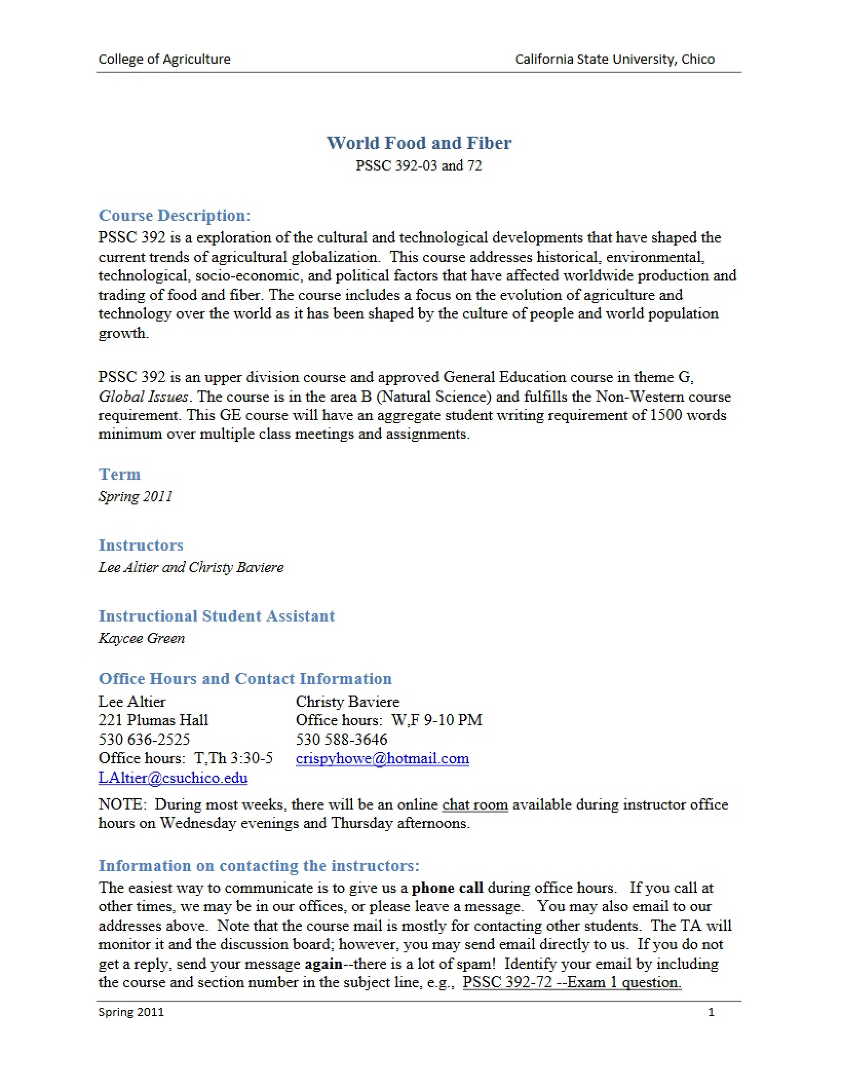 Syllabus World Food and Fiber Systems