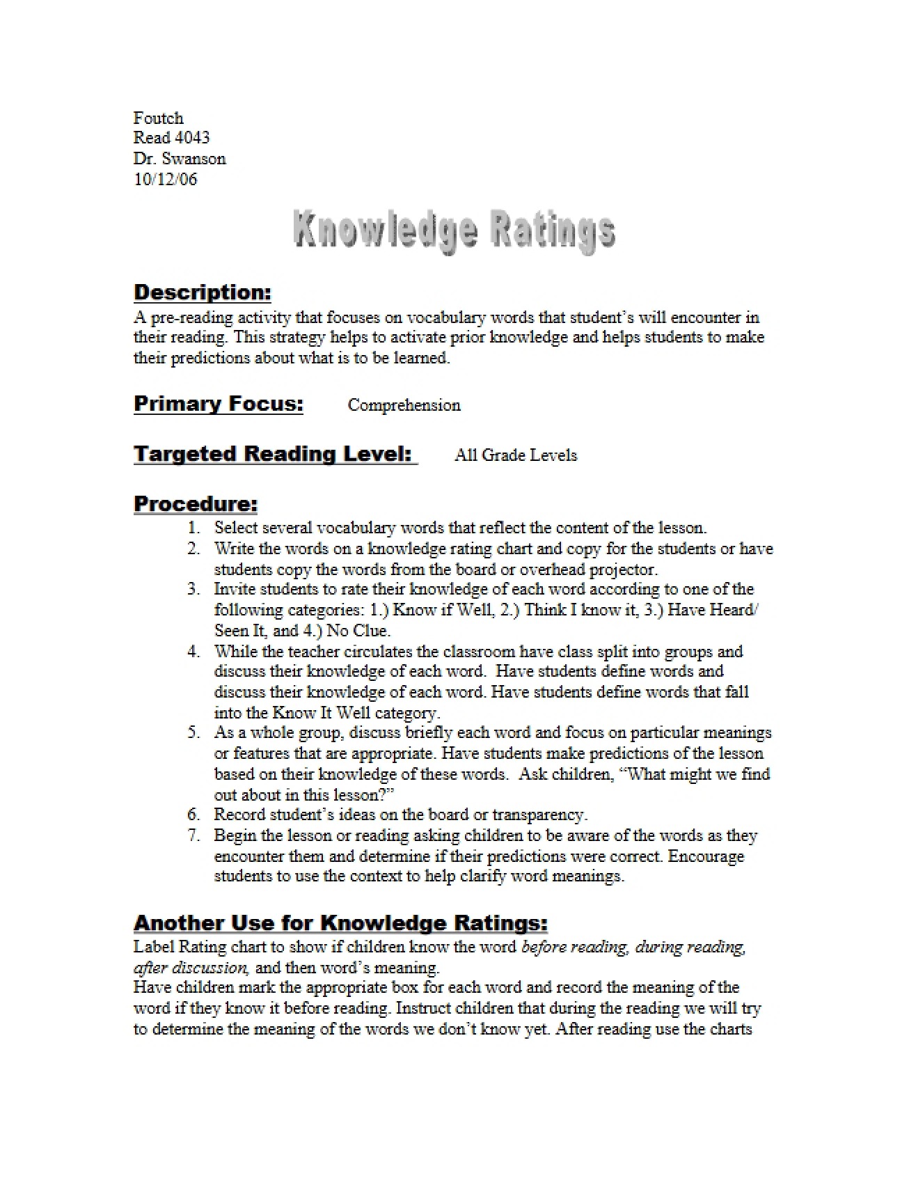 Ratings of Knowledge