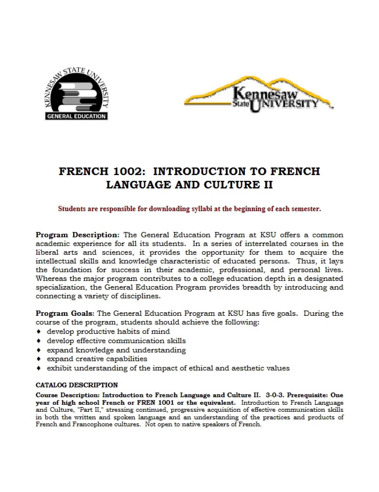 Course Outline for French Introduction Two - 10 Pages