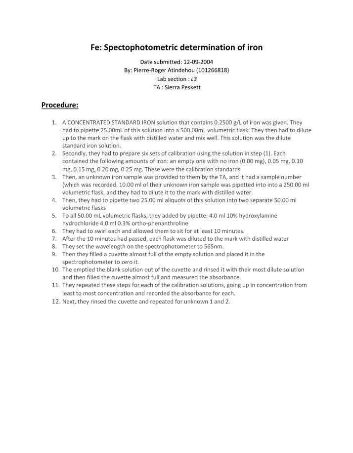 Lab Report on Fe Spectrophotometric Determination of Iron