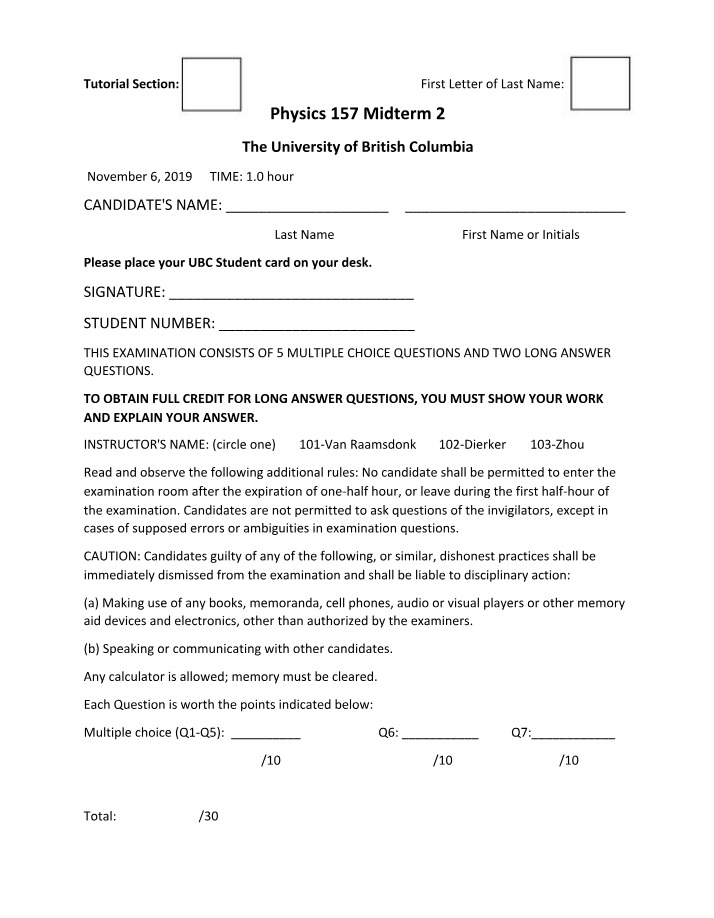 Physics 157 Midterm 2 - Multiple Choice Questions