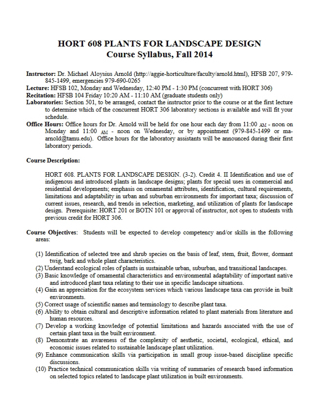 Syllabus for Plants in Landscape Design