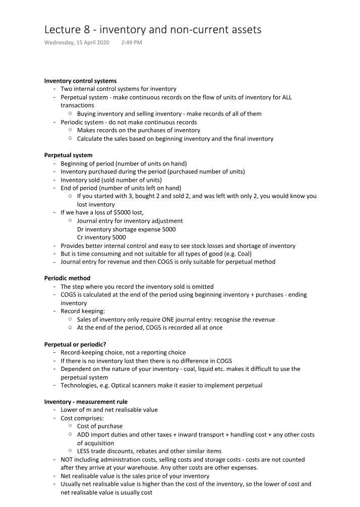 Cost Methods and Inventory Control Systems