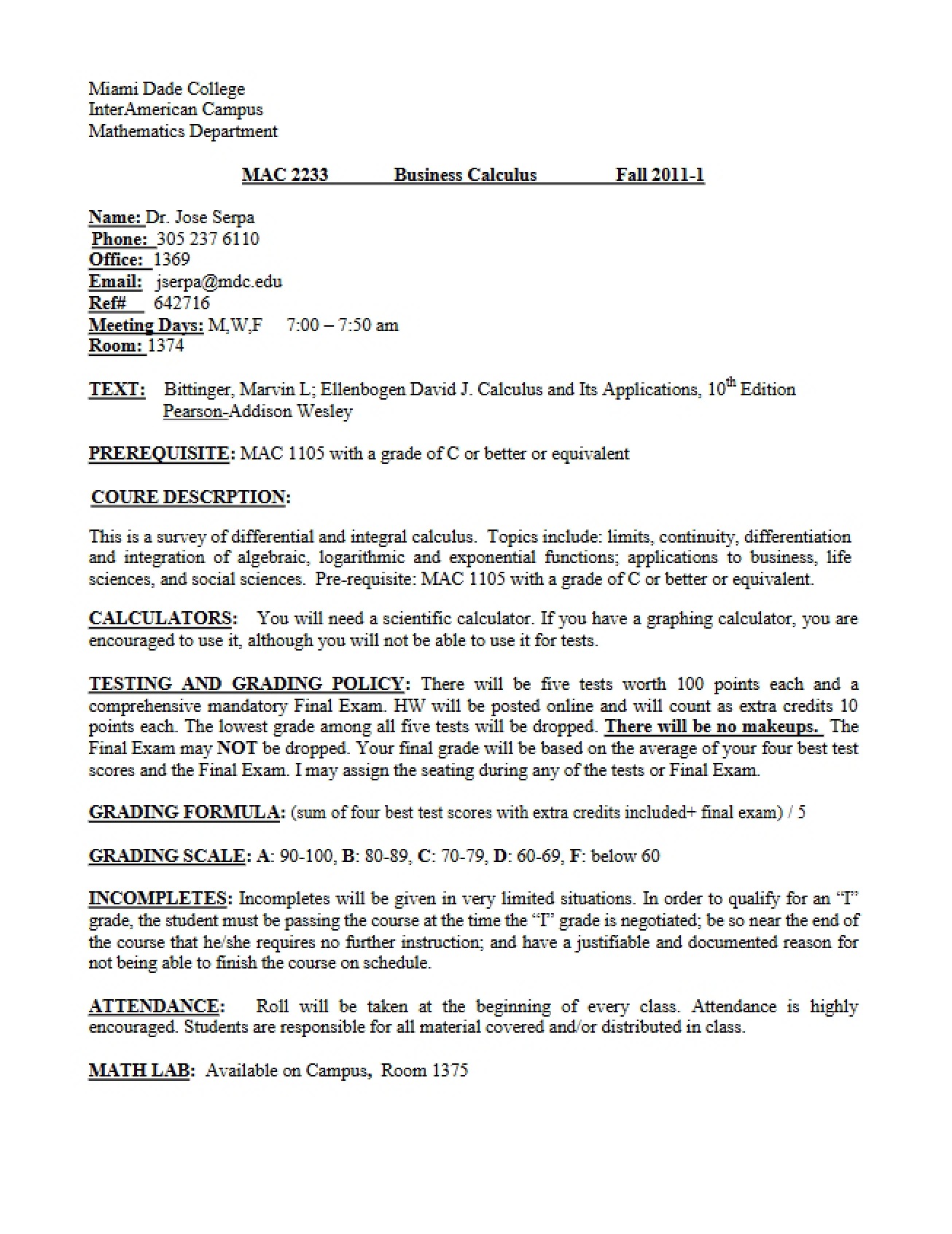 Business Calculus Course Syllabus