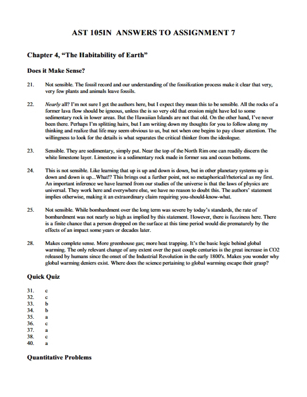 Answers to the Seventh Assignment in Life in the Universe