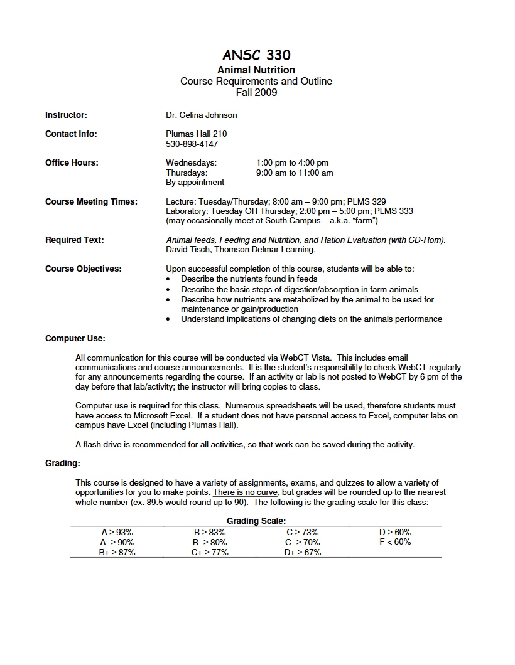 Syllabus for Animal Nutrition