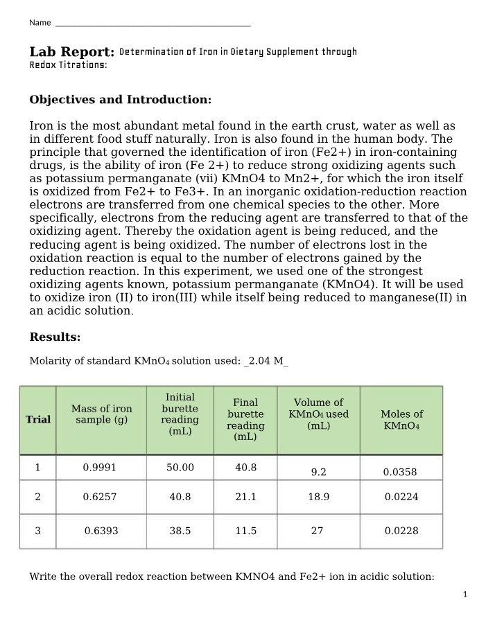 Lab Report - Determination of Iron in Dietary Supplement via Redox Titrations