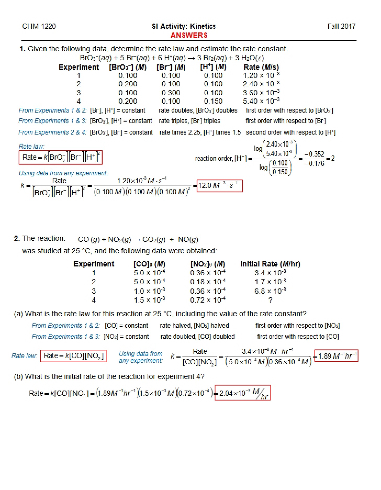 Answers SI Kinetics (Fall 2017)