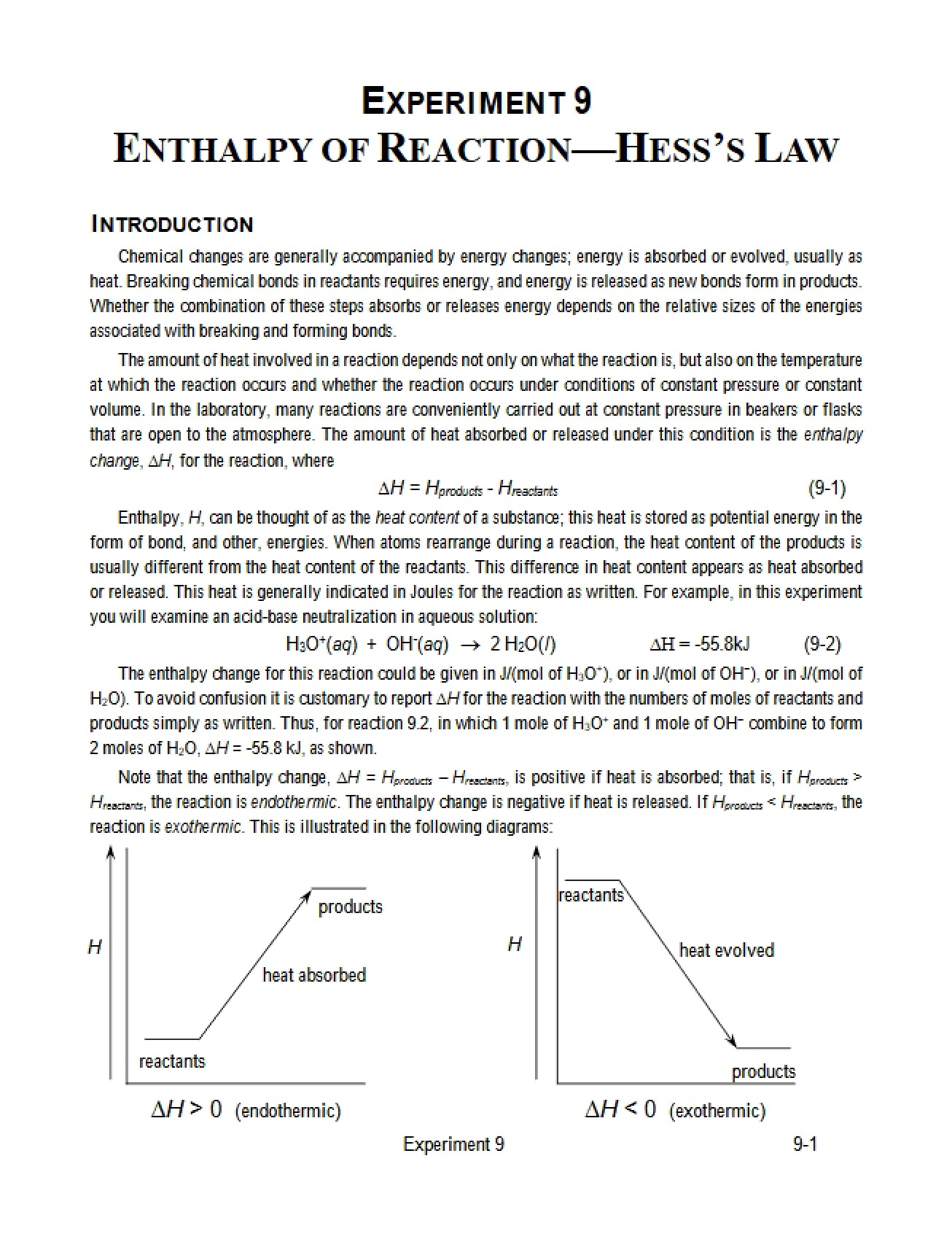 Experiment Nine on Hess's Law and Enthalpy of Reaction