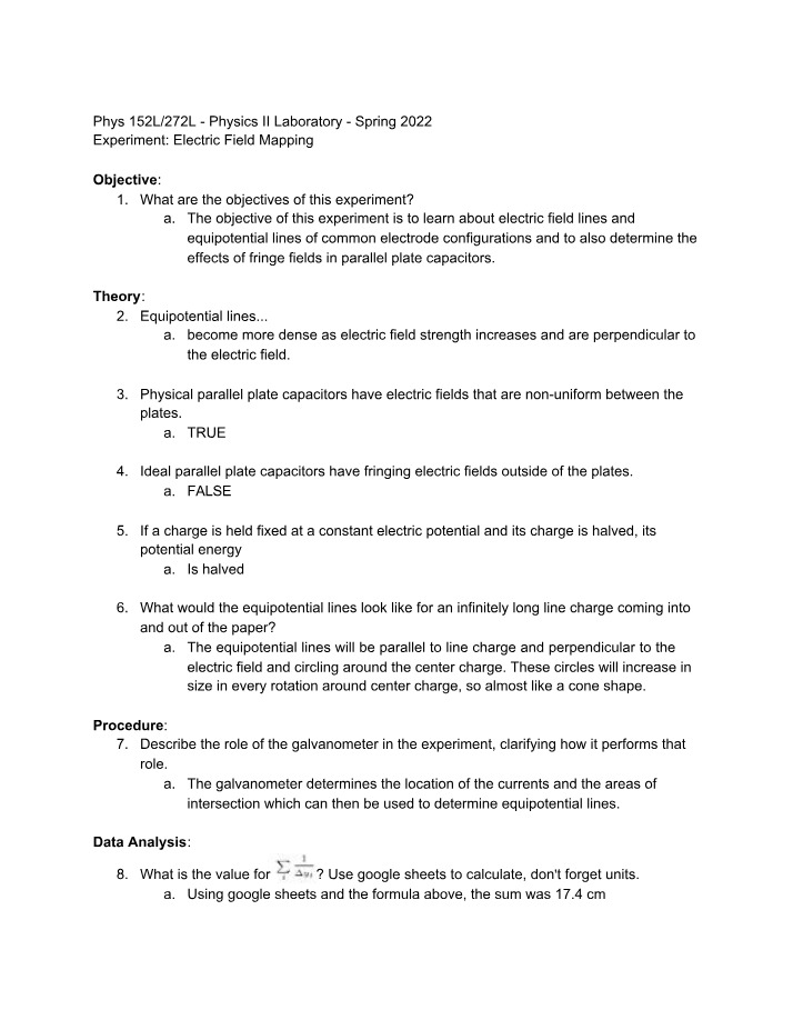 Worksheet for Electric Field Mapping