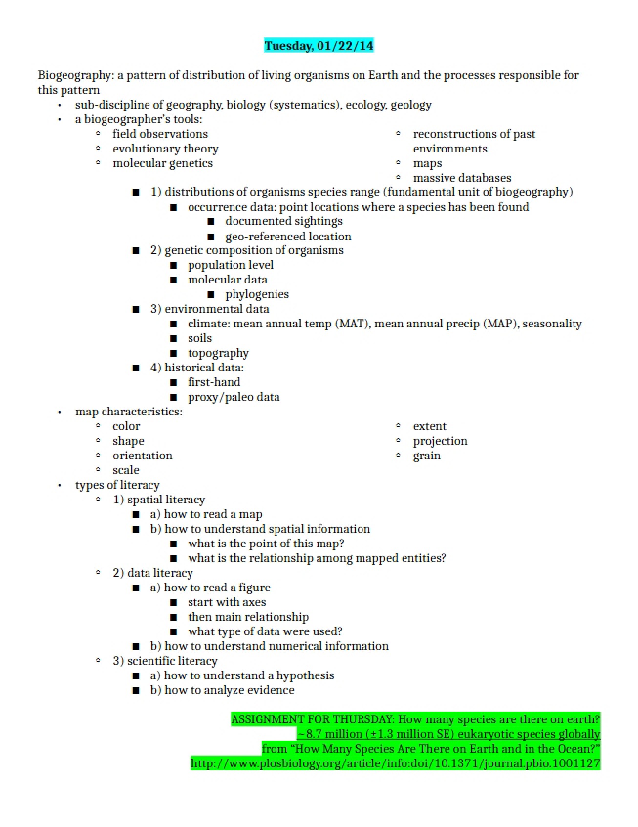 Notes for the First Unit of a Biogeography Course