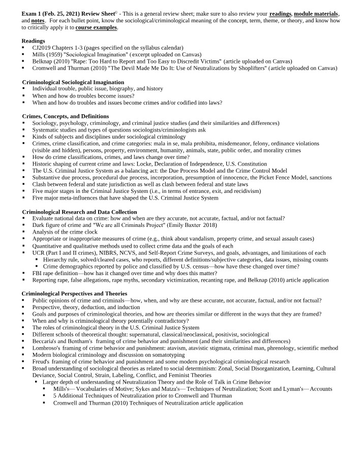 Exam 1 Review Sheet for SCIENCE 326
