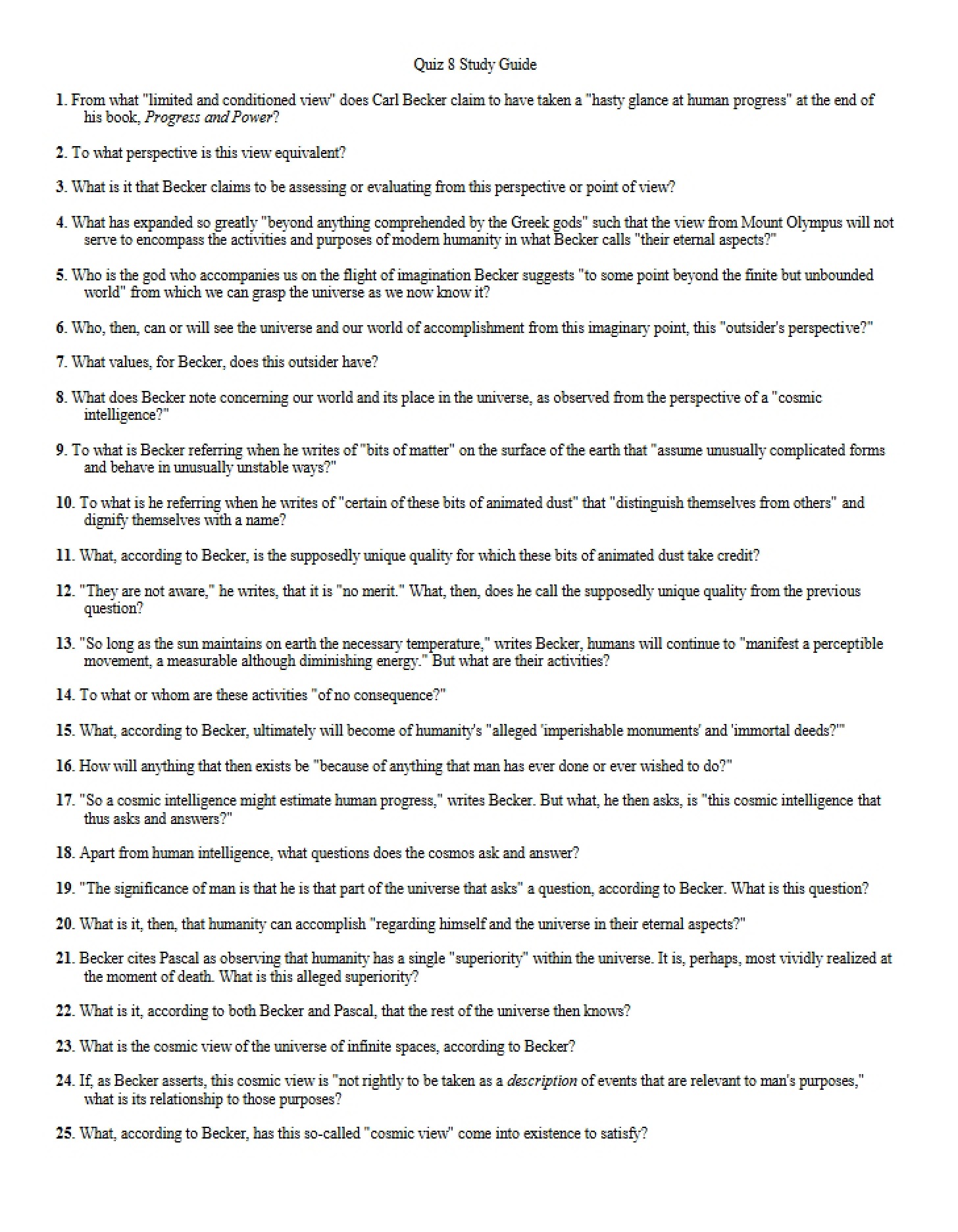 Study Guide for Quiz Eight