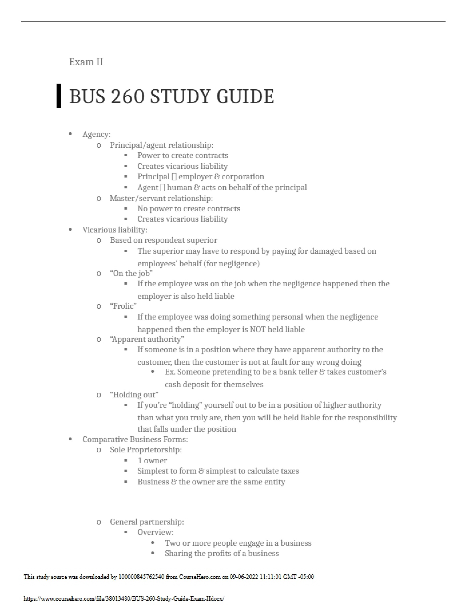 Study Guide for Business 260