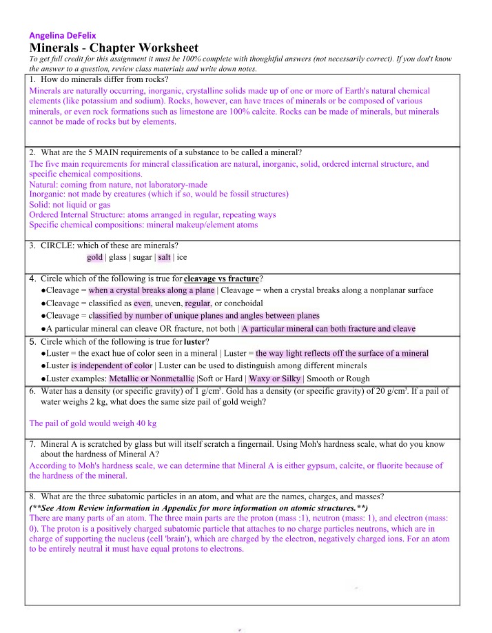 Worksheet - Minerals Chapter