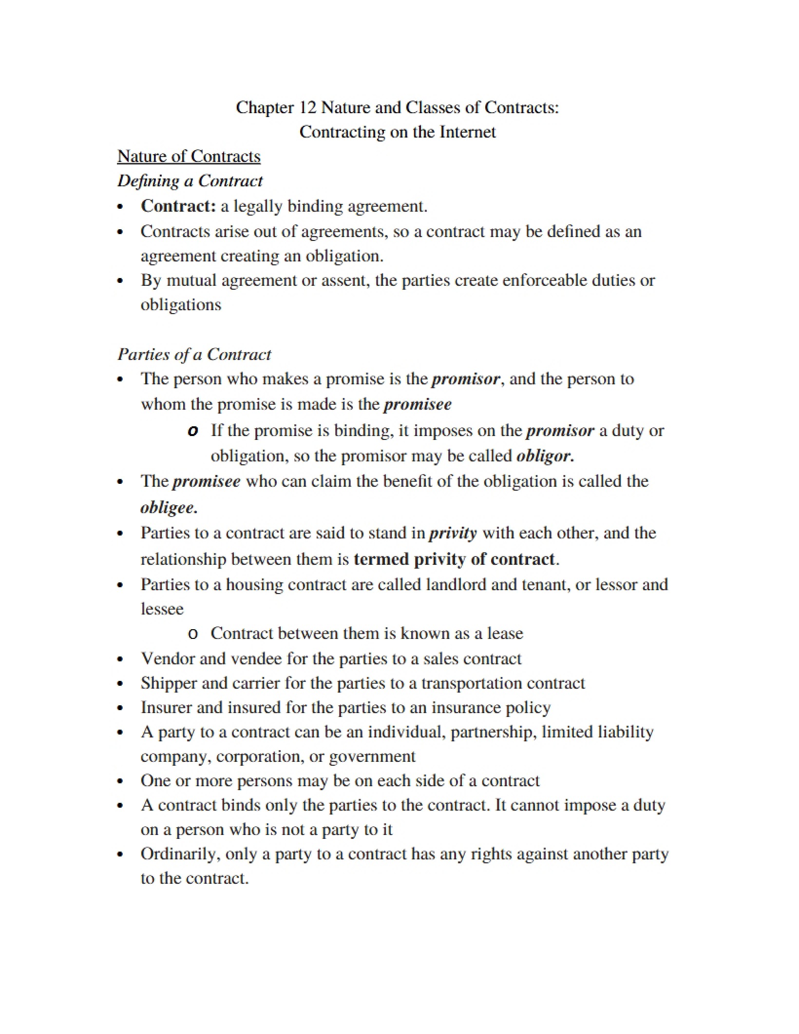 Nature and Classes of Contracts (Chapter 12)