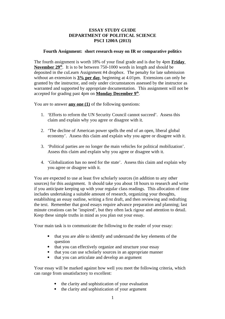 Essay Study Guide - PSCI 1200A