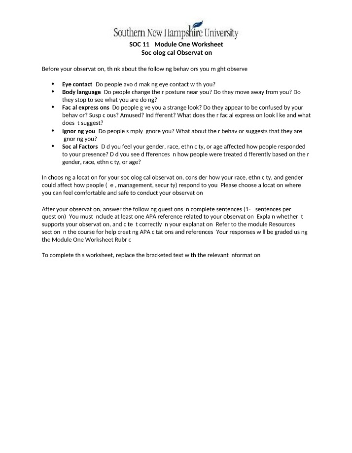 Worksheet for Sociological Observation