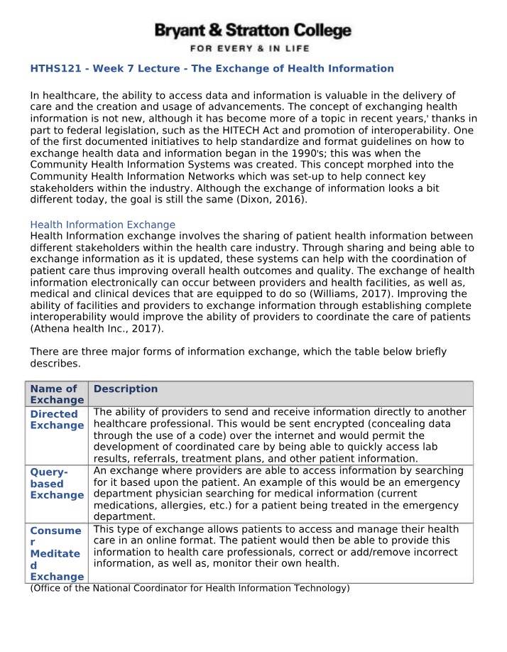 The Exchange of Health Information - Week 7 Lecture