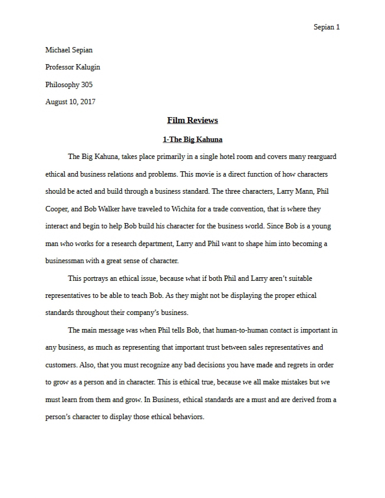 Business Ethics Film Reviews
