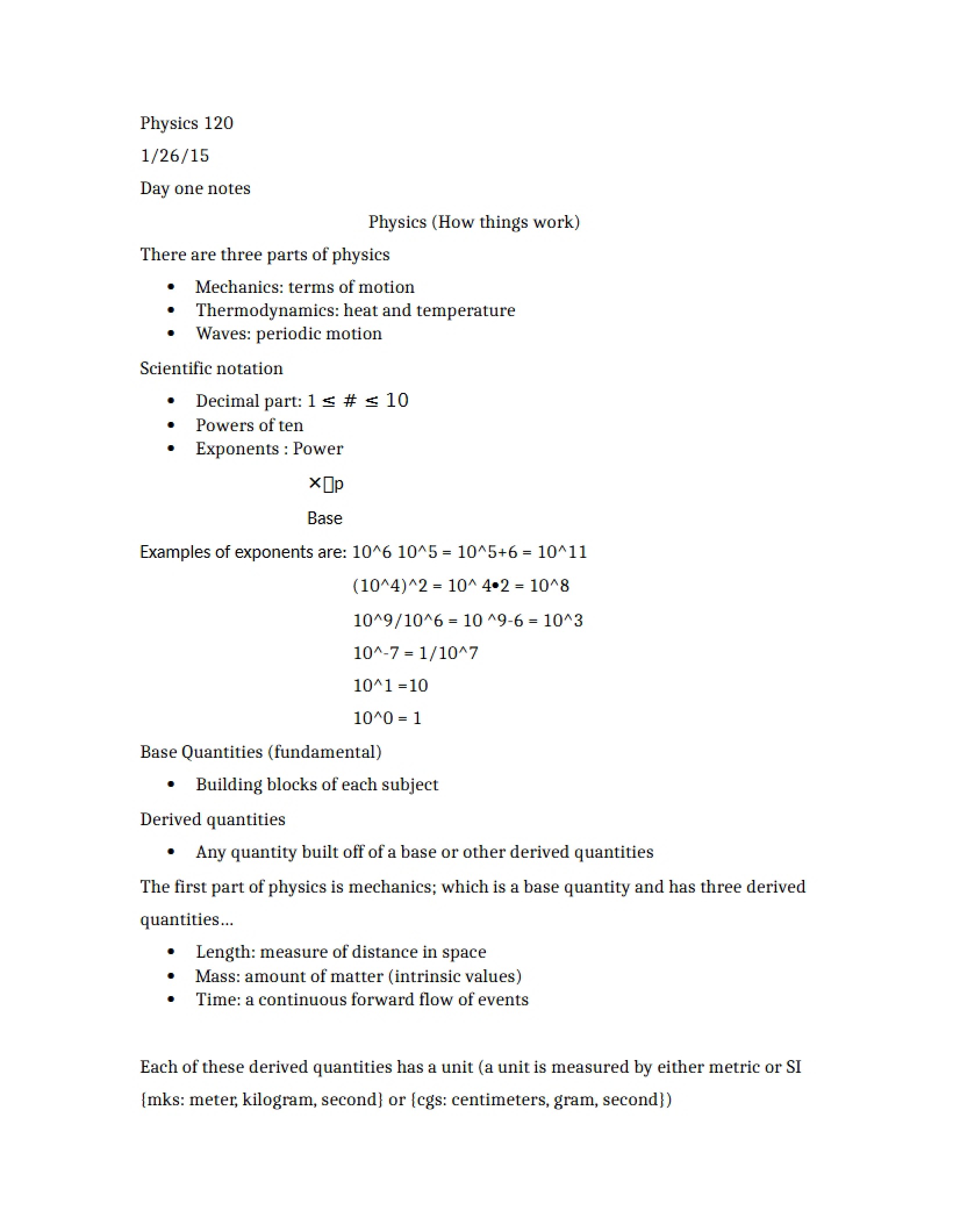 Notes for Physics 120 Lecture One