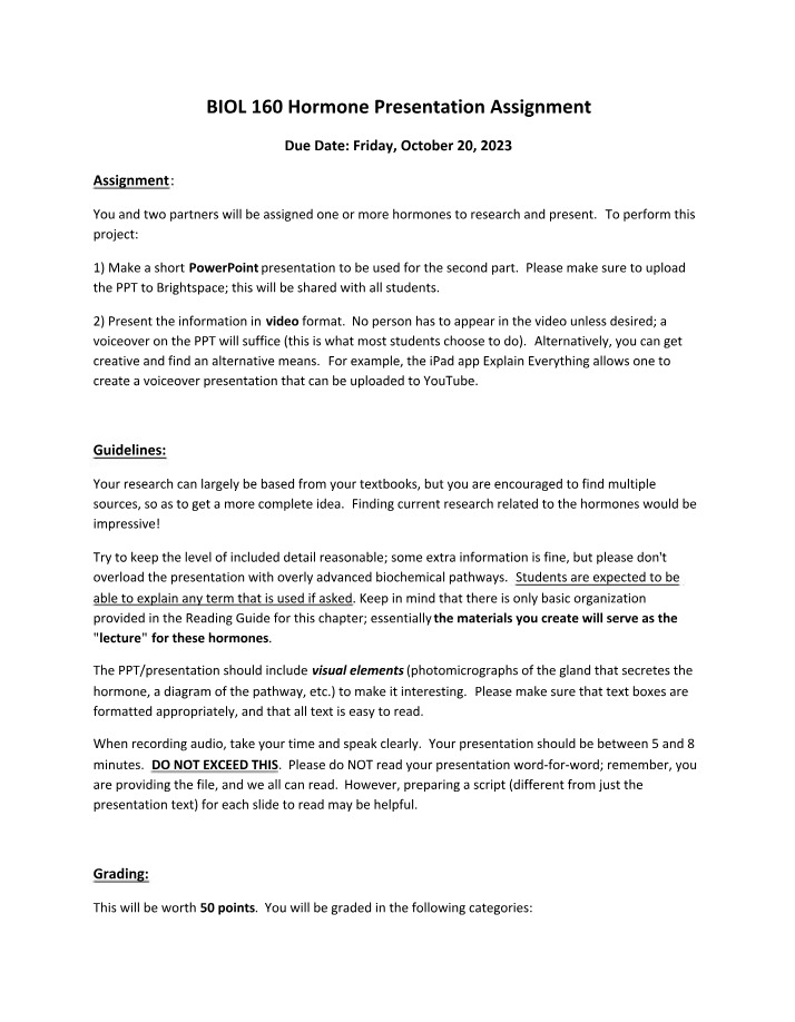 Hormone Presentation Assignment - BIOL 160 Fall 2023