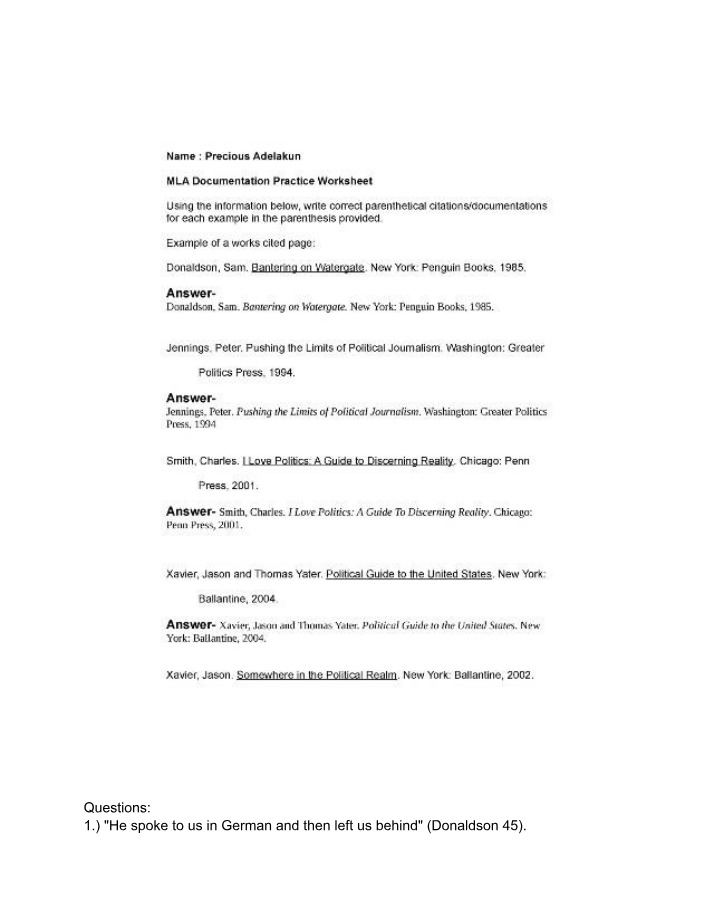 Worksheet for MLA Documentation Practice