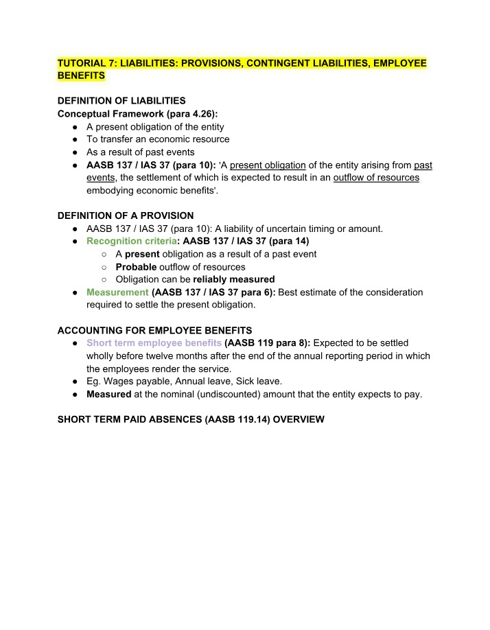 Tutorial 7 - Liabilities, Provisions, Contingent Liabilities, and Employee Benefits