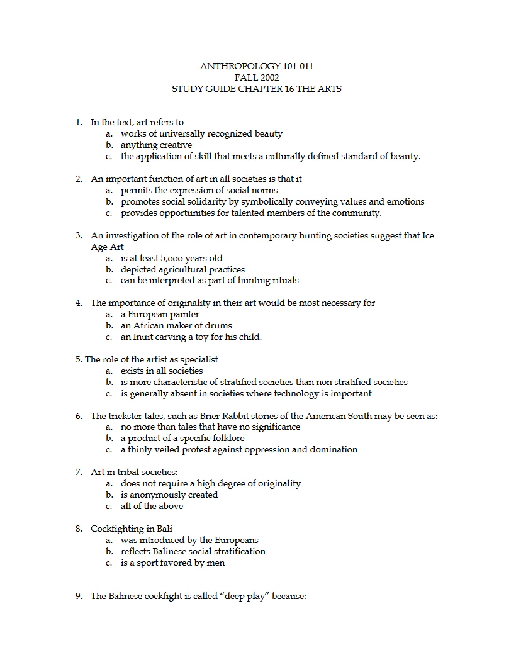 Study Guide for Intro Anthropology