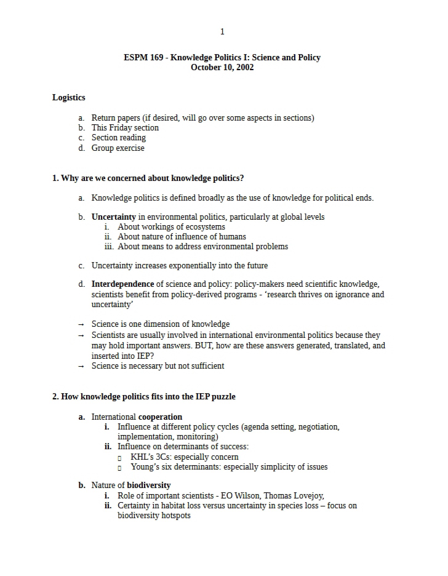 Science and Policy Knowledge Politics I