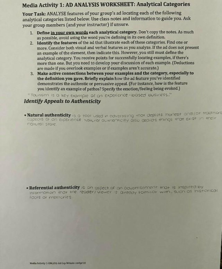 Worksheet for Ad Analysis