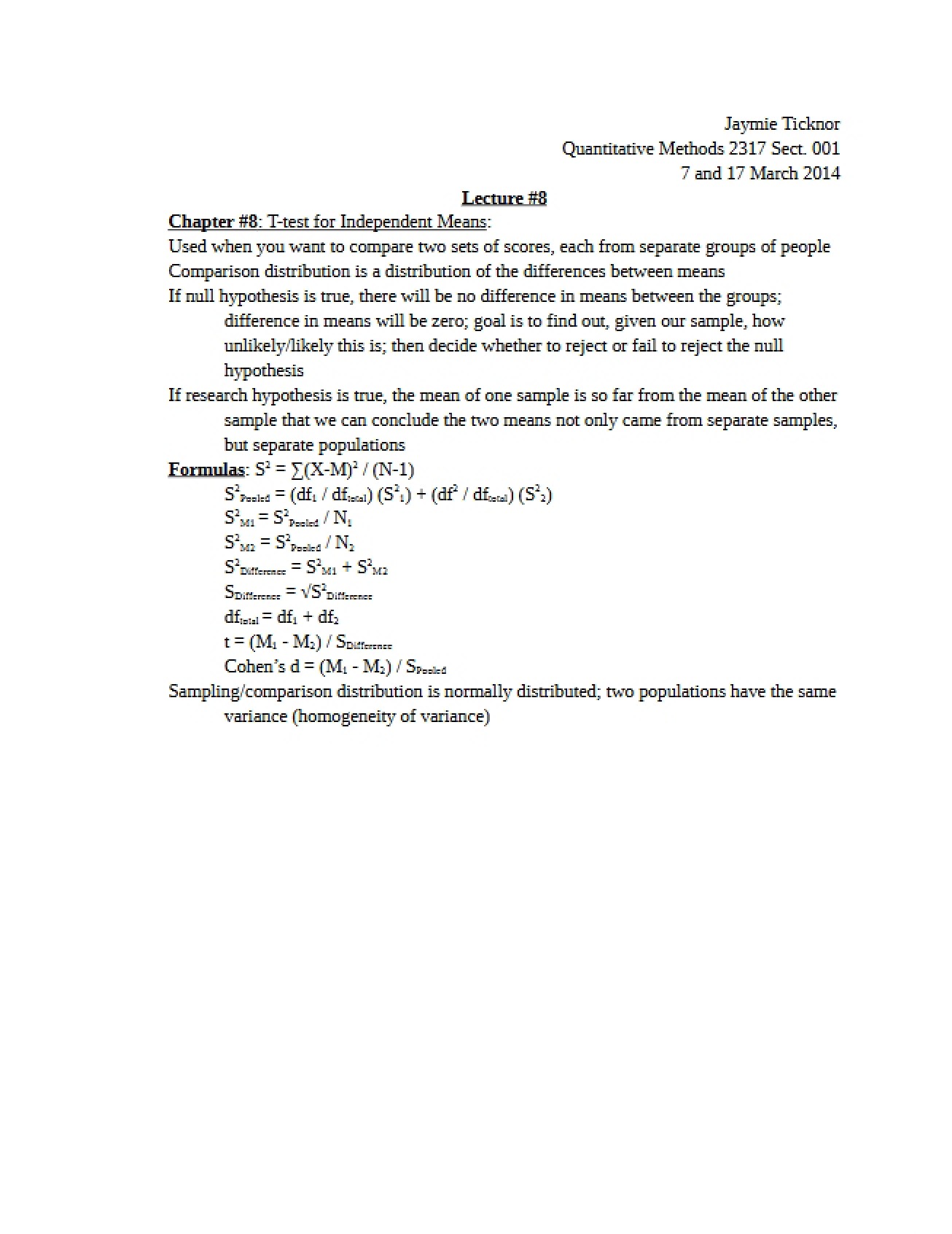Quantitative Methods Lecture Eight